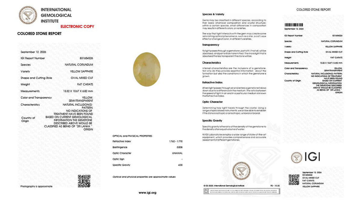 Buy IGI Certified 9.47 Carat Yellow Sapphire with lifetime guarantee