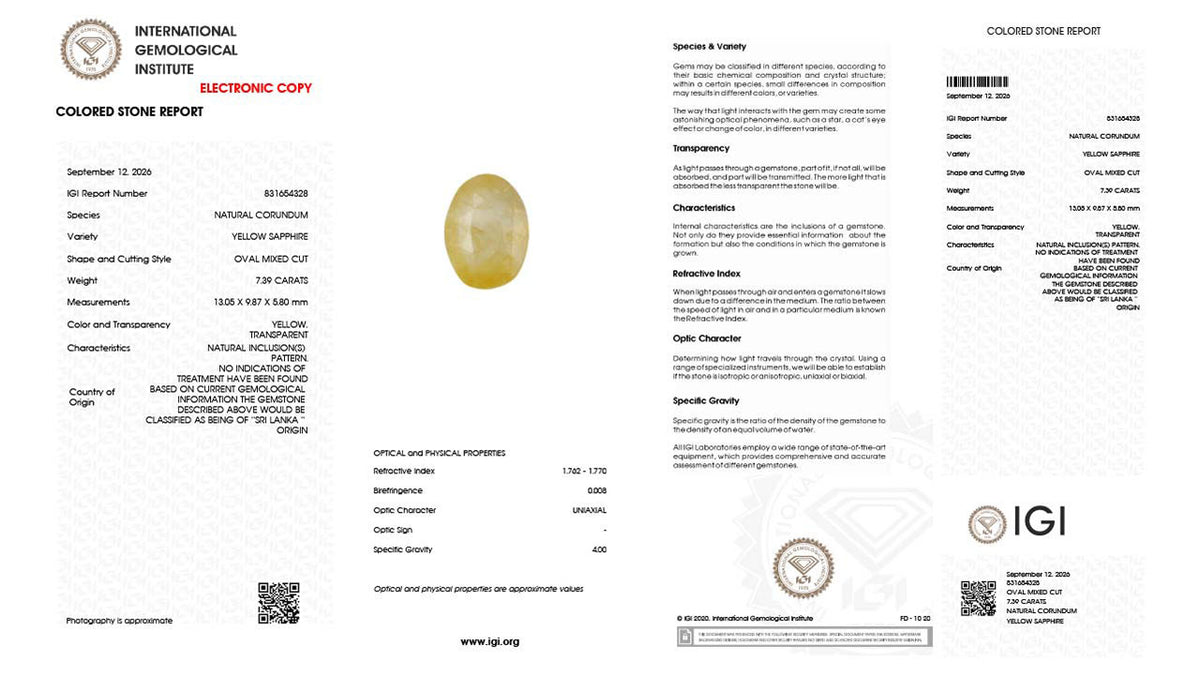 Buy IGI Certified 7.39 Carat Yellow Sapphire with lifetime guarantee