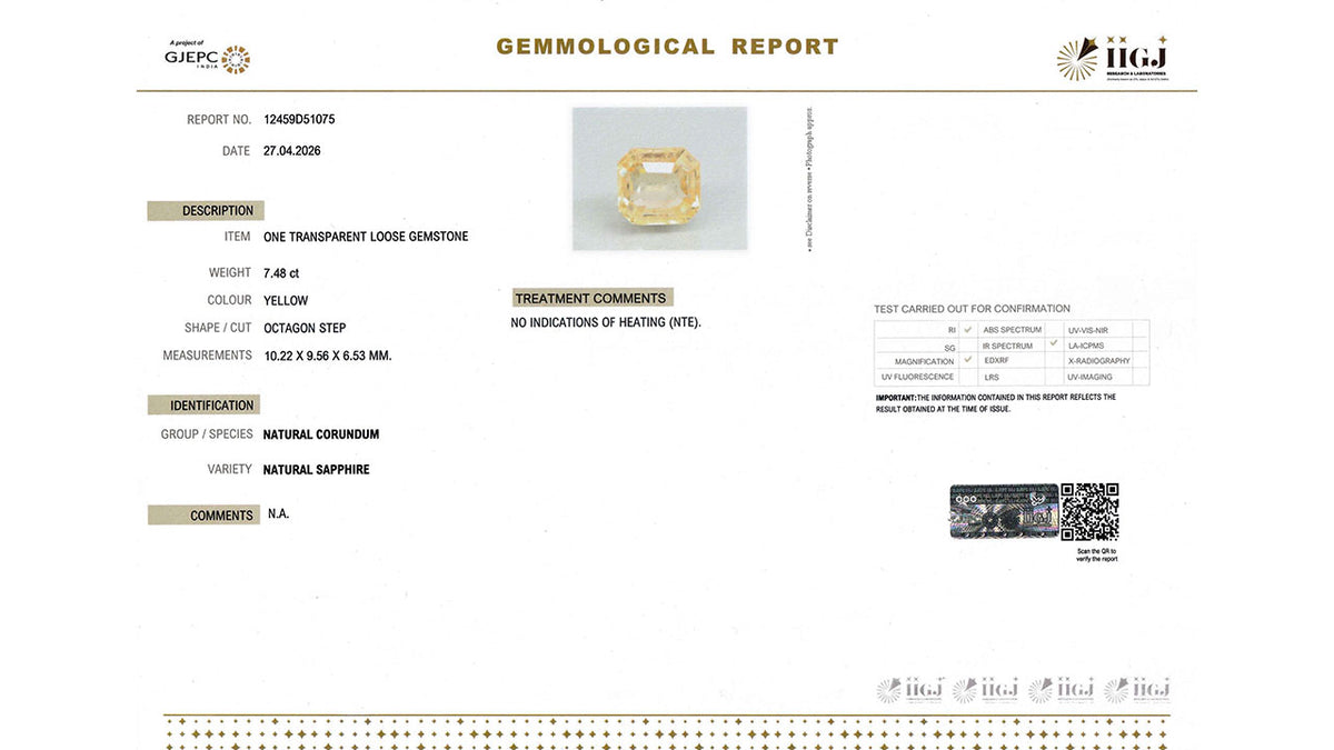 Buy IIGJ Certified 7.48 Carat Yellow Sapphire with lifetime guarantee