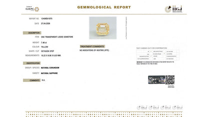 Buy IIGJ Certified 7.48 Carat Yellow Sapphire with lifetime guarantee
