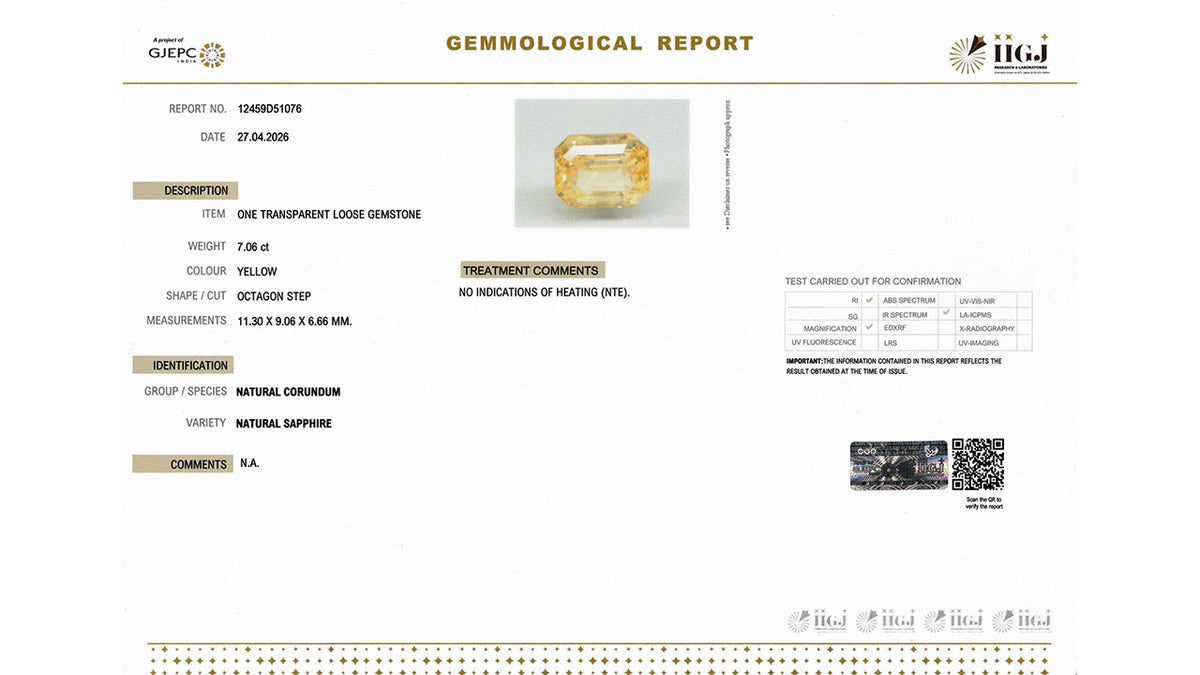 Buy IIGJ Certified 7.06 Carat Yellow Sapphire with lifetime guarantee