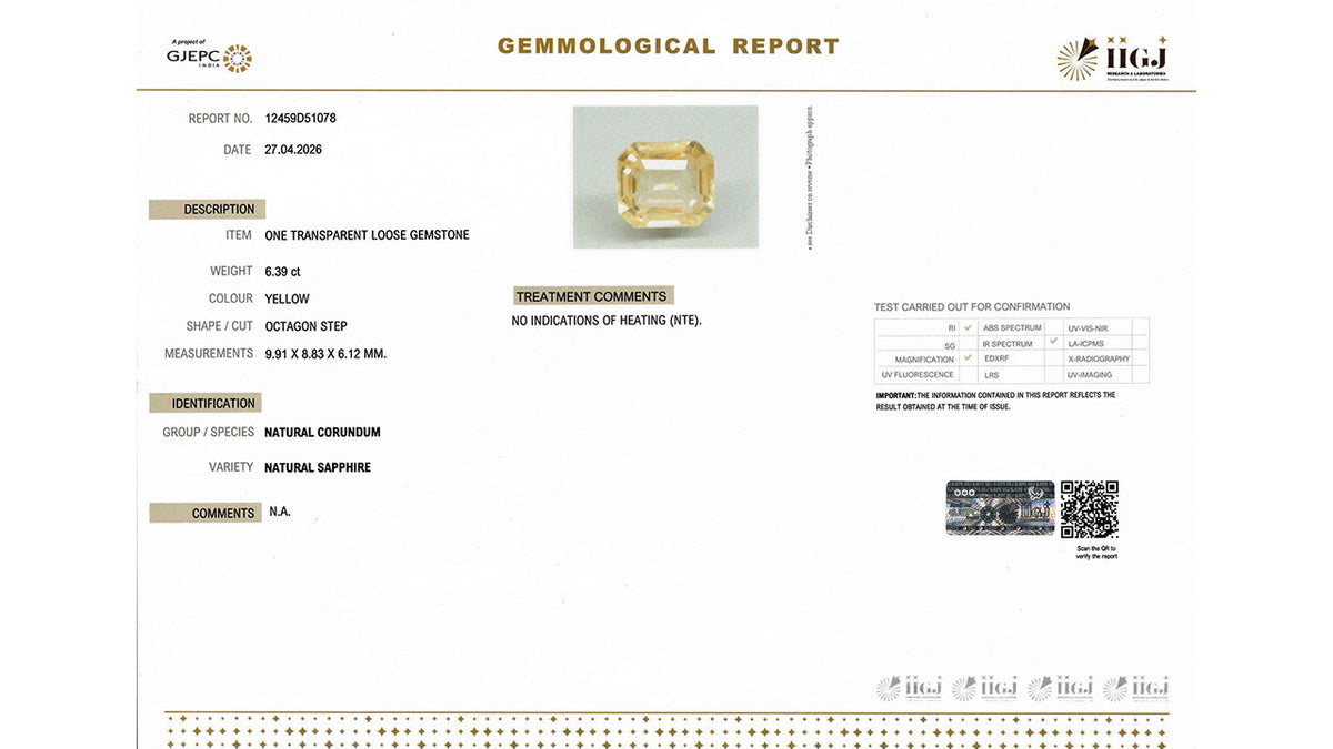 Buy IIGJ Certified 6.39 Carat Yellow Sapphire with lifetime guarantee