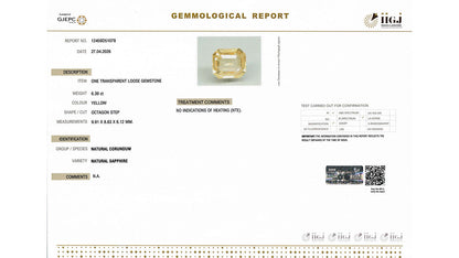 Buy IIGJ Certified 6.39 Carat Yellow Sapphire with lifetime guarantee