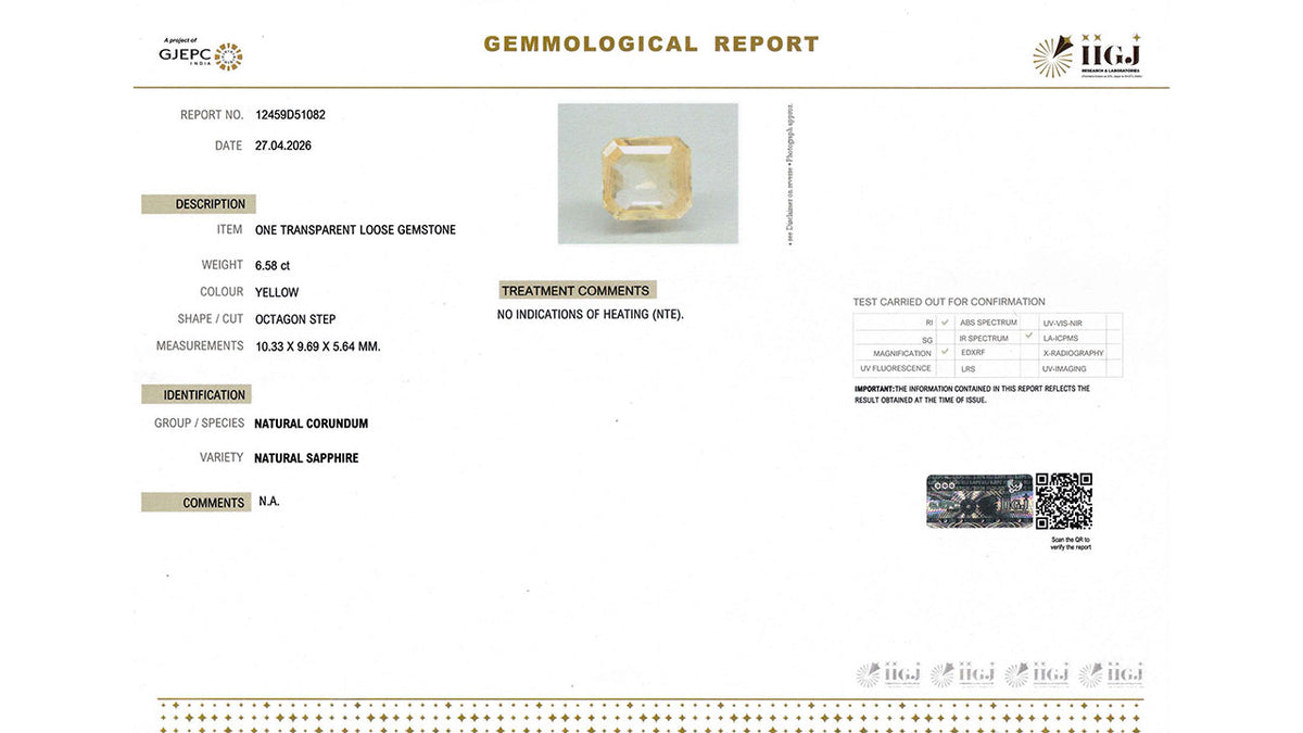 Buy IIGJ Certified 6.58 Carat Yellow Sapphire with lifetime guarantee