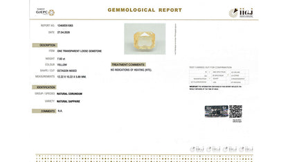 Buy IIGJ Certified 7.93 Carat Yellow Sapphire with lifetime guarantee