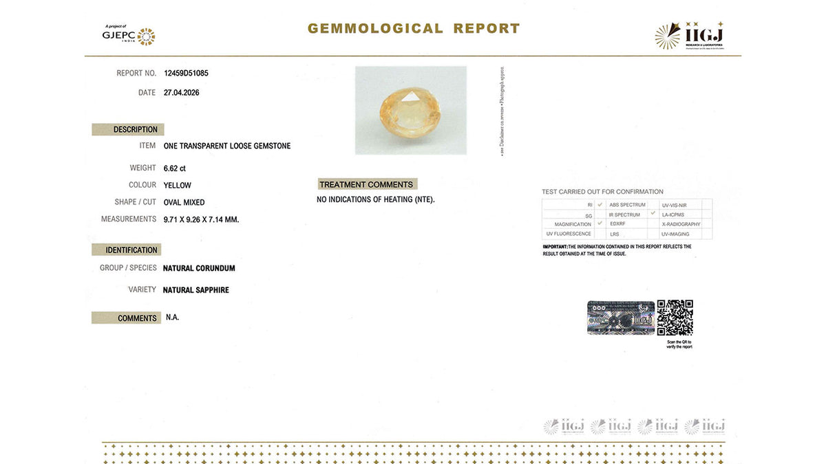 Buy IIGJ Certified 6.62 Carat Yellow Sapphire with lifetime guarantee