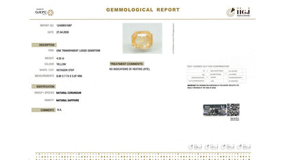 Buy IIGJ Certified 4.33 Carat Yellow Sapphire with lifetime guarantee