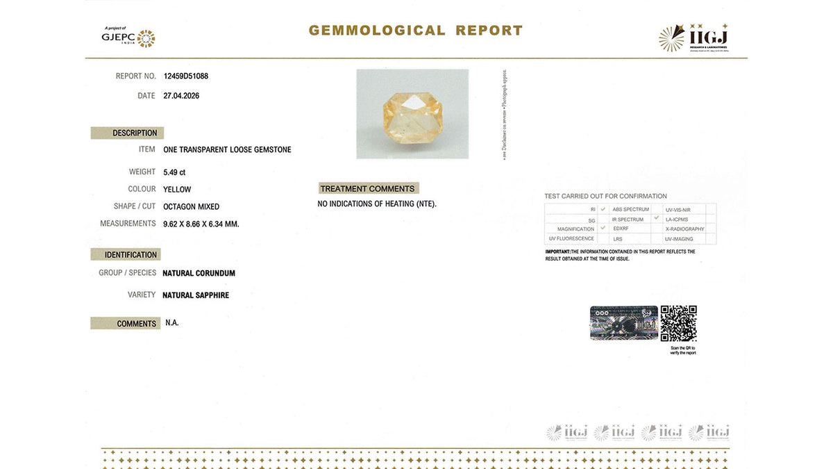 Buy IIGJ Certified 5.49 Carat Yellow Sapphire with lifetime guarantee