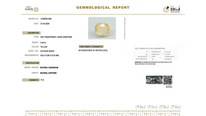 Buy IIGJ Certified 5.49 Carat Yellow Sapphire with lifetime guarantee