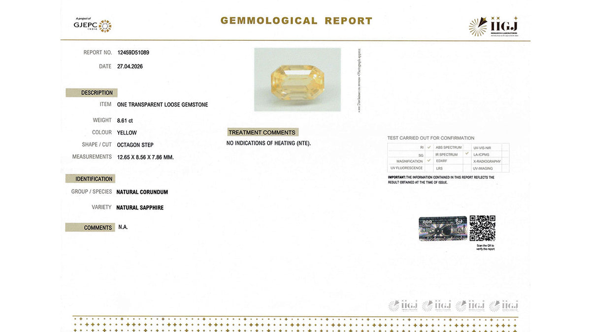 Buy IIGJ Certified 8.61 Carat Yellow Sapphire with lifetime guarantee
