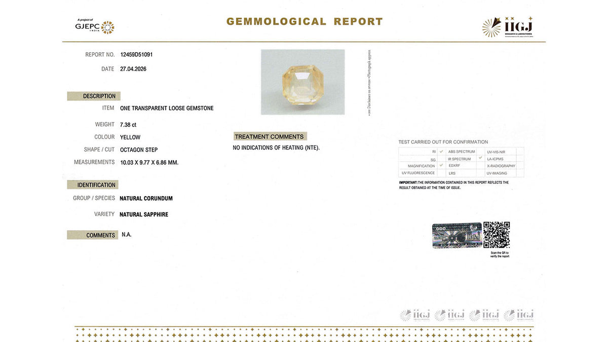 Buy IIGJ Certified 7.38 Carat Yellow Sapphire with lifetime guarantee