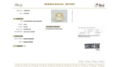 Buy IIGJ Certified 7.38 Carat Yellow Sapphire with lifetime guarantee