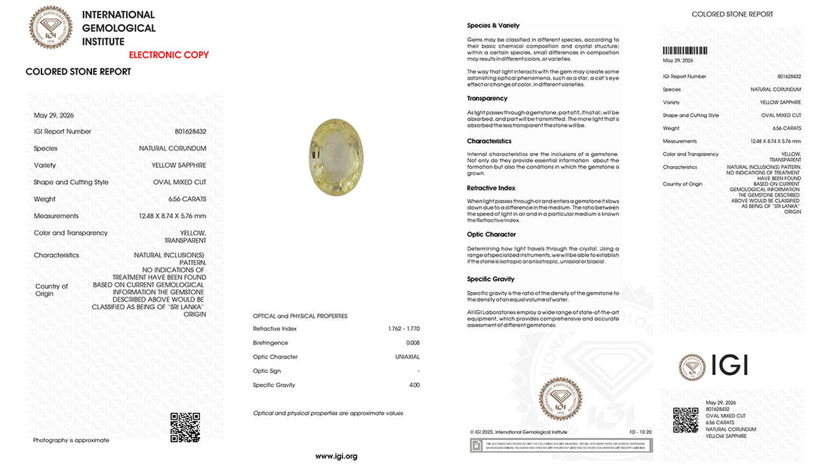 Buy IGI Certified 6.56 Carat Yellow Sapphire with lifetime guarantee