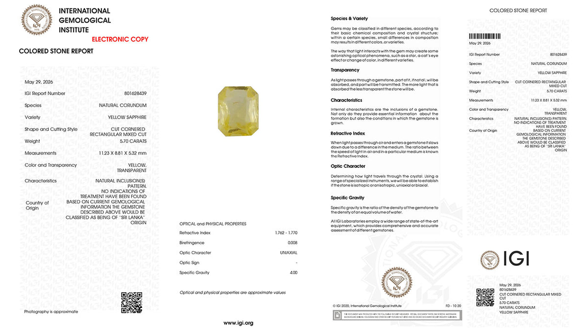 Buy IGI Certified 5.70 Carat Yellow Sapphire with lifetime guarantee