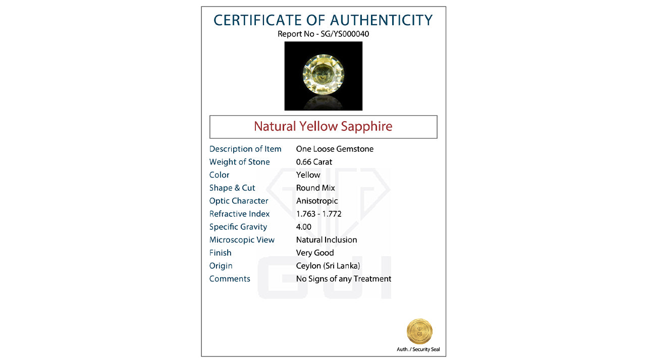 Buy GJI Certified 0.66 Carat Yellow Sapphire with lifetime guarantee