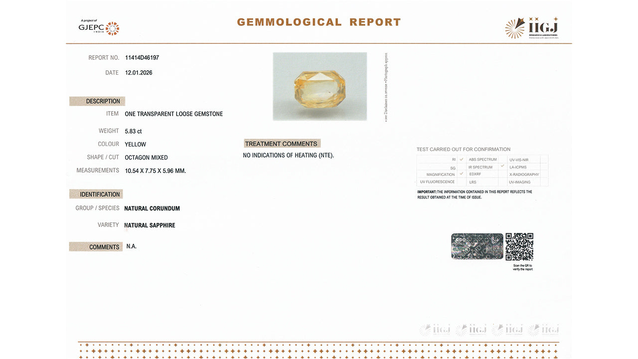 Buy GJI Certified 5.83 Carat Yellow Sapphire with lifetime guarantee