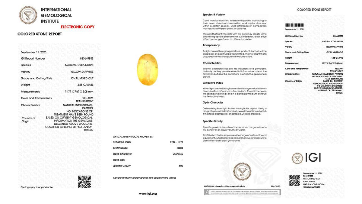 Buy IGI Certified 4.55 Carat Yellow Sapphire with lifetime guarantee