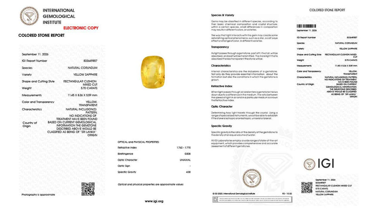 Buy IGI Certified 5.70 Carat Yellow Sapphire with lifetime guarantee